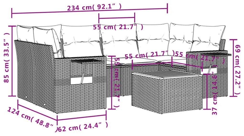 Set divani da giardino 7 pz con cuscini grigio in polyrattan