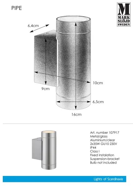 Markslöjd 107917 - Applique da esterno PIPE 2xGU10/35W/230V IP44