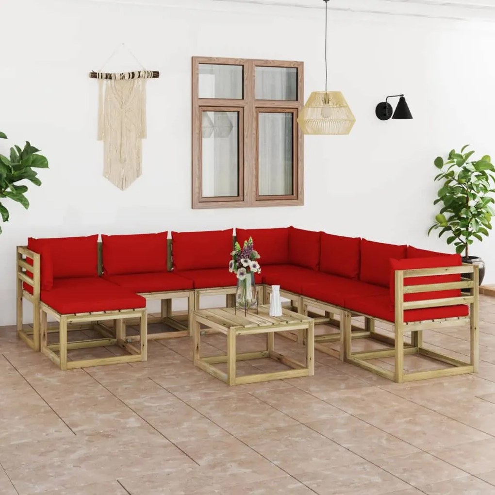 Set divani da giardino 9pz con cuscini legno di pino impregnato