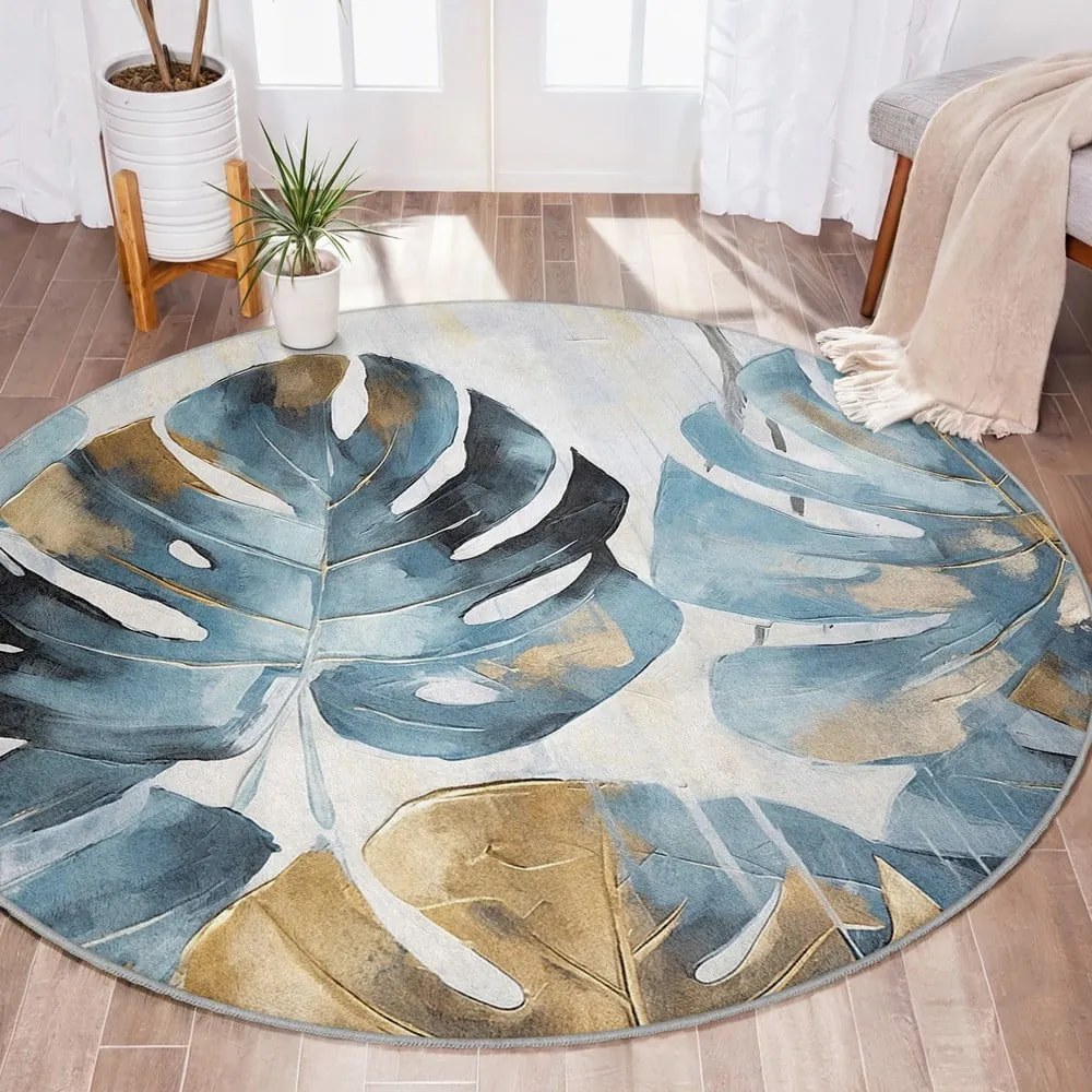 Tappeto rotondo blu lavabile ø 100 cm Golden Leaves – Mila Home