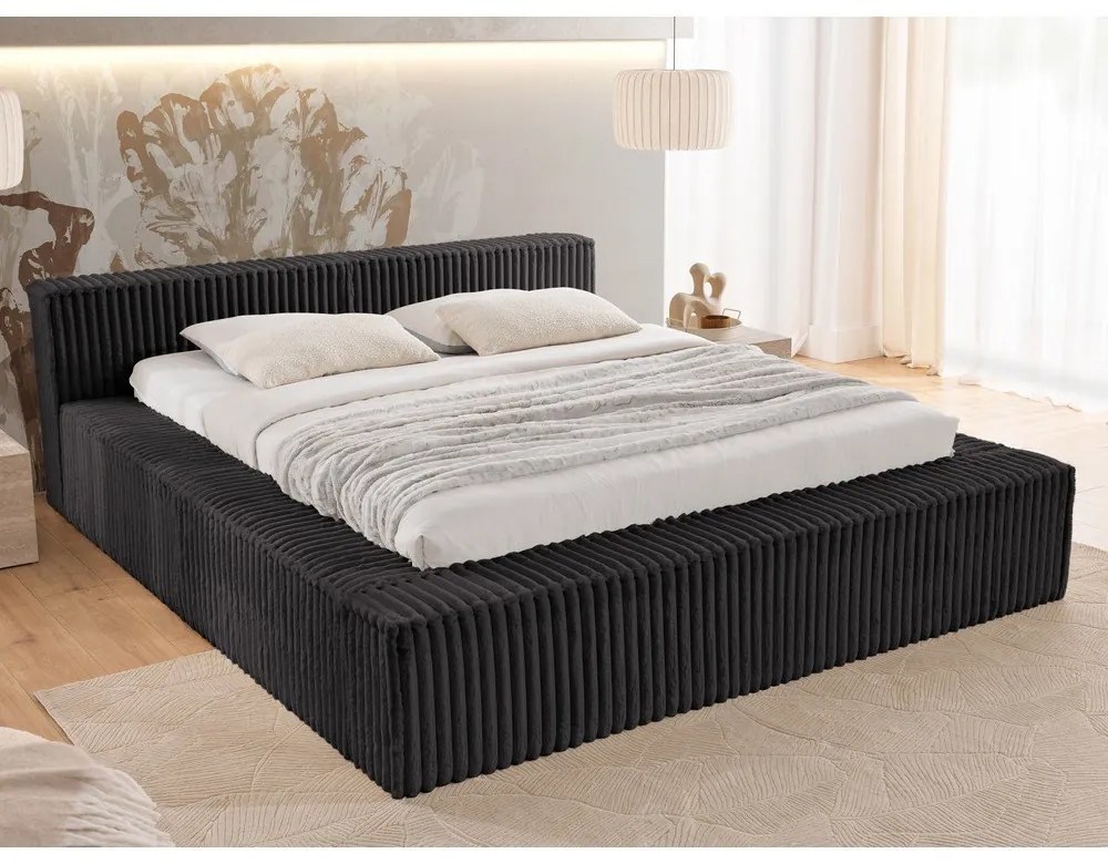 Letto matrimoniale imbottito nero con contenitore e rete inclusi 160x200 cm Cloe – Ropez