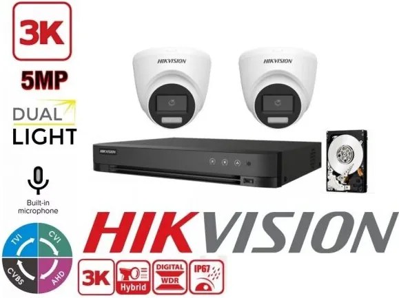 Kit Videosorveglianza Hikvision 4 Canali 5 Mpx 2 Telecamere Dome 5 Mpx 3k Hybrid Light Hdd 500gb