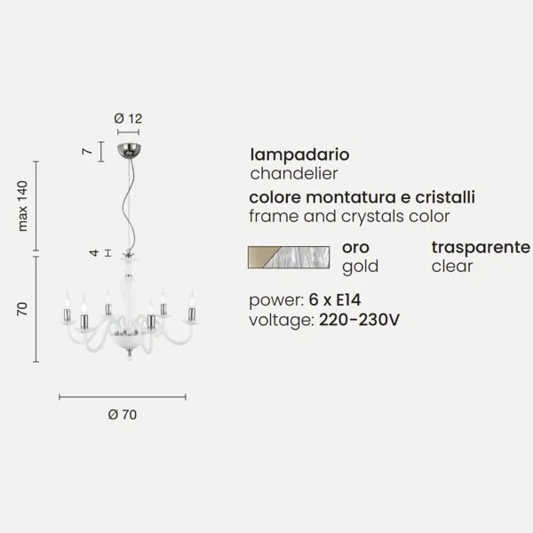 Lampada a sospensione PAGANINI a 6 LUCI in vetro lavorato a mano D70 cm ORO