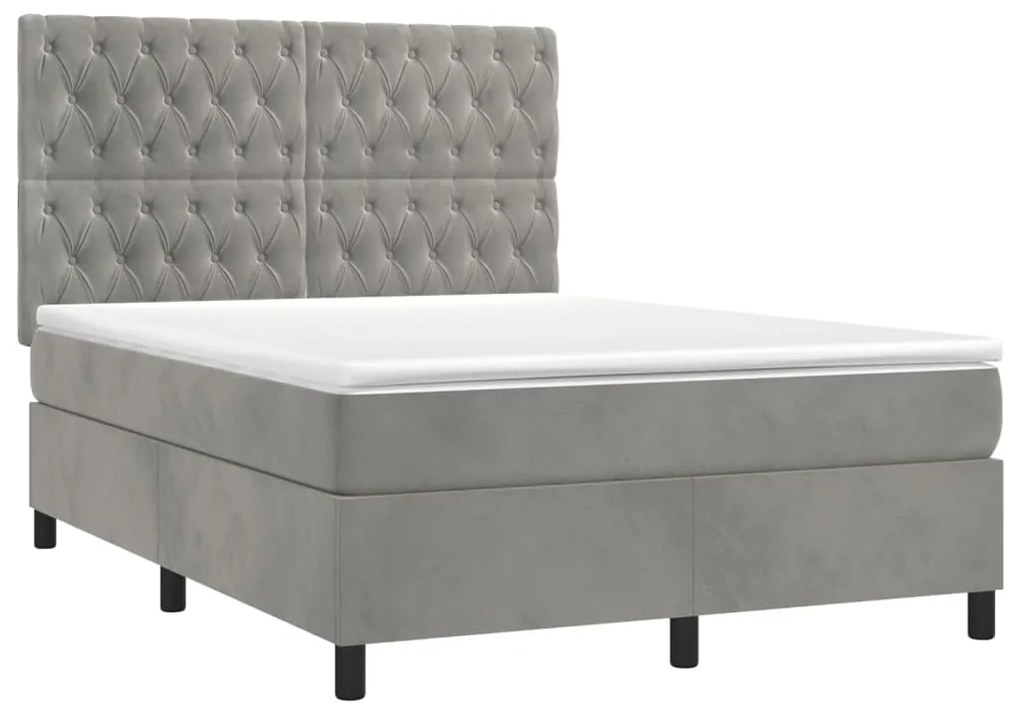 Letto a molle materasso e led grigio chiaro 140x190 cm velluto