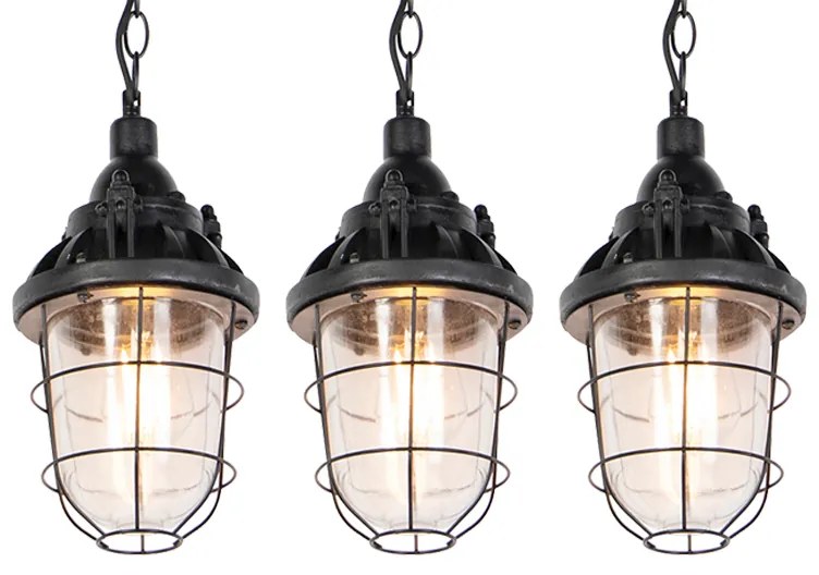 Set di 3 lampade a sospensione industriali nere - Cabin