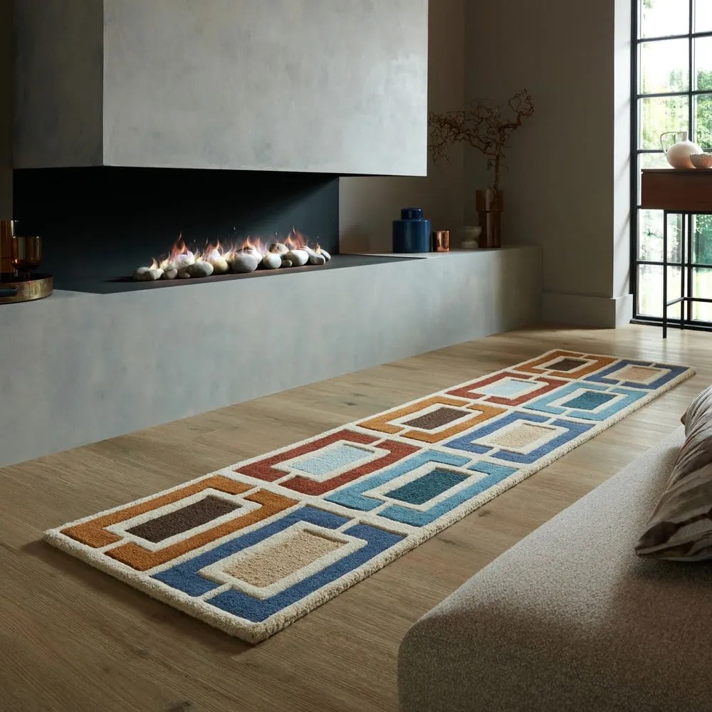 Passatoia in lana blu-arancio tessuta a mano 60x230 cm Retro Blocks - Flair Rugs