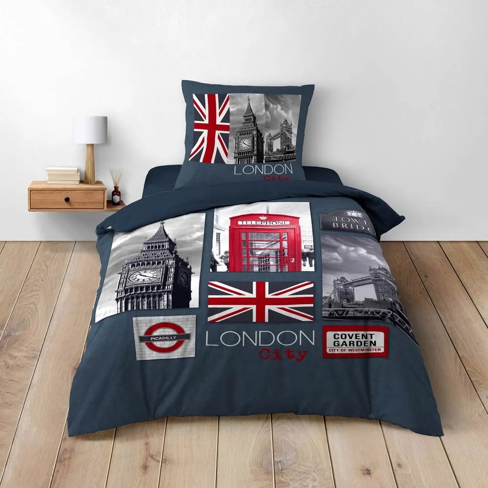 Set copripiumino e federa blu scuro in cotone per letto singolo 140x200 cm City London – douceur d'intérieur