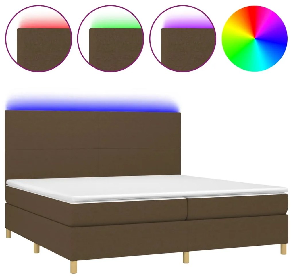 Letto a Molle Materasso e LED Marronescuro 200x200cm in Tessuto