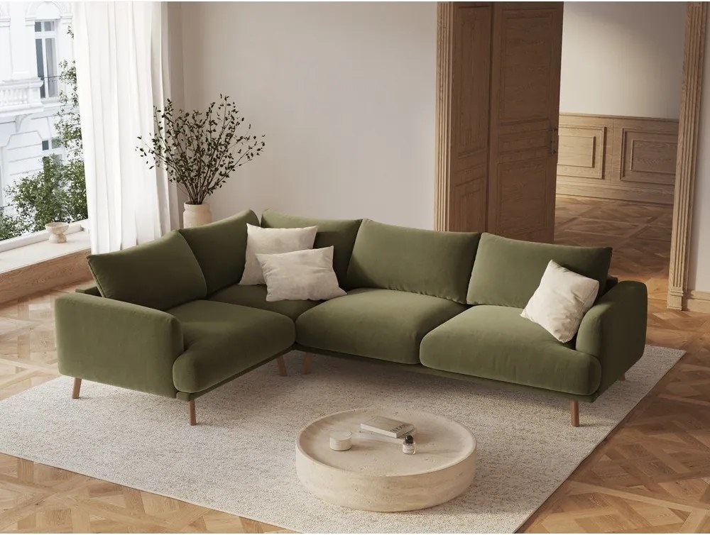 Divano angolare verde (con penisola a sinistra/a L) con rivestimento in velluto Naomi – Micadoni