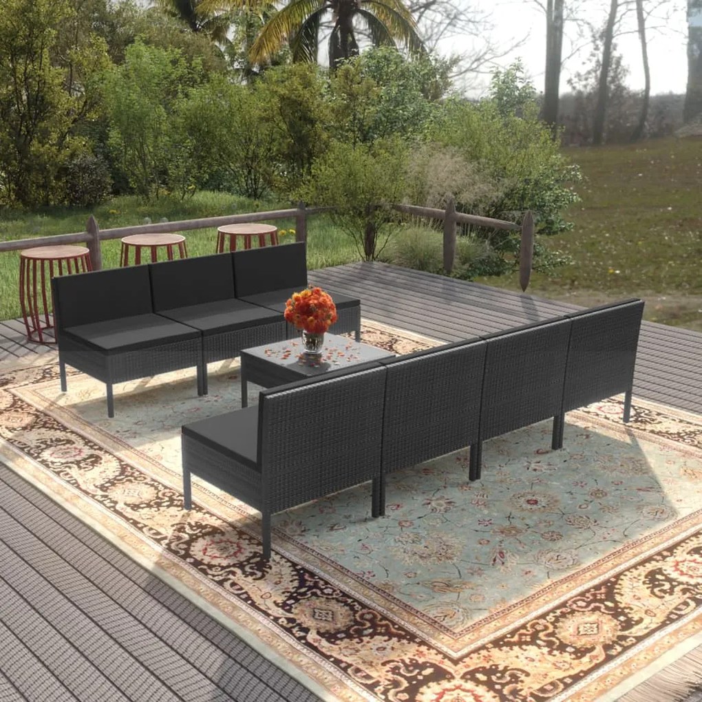 Set divani da giardino 8 pz con cuscini in polyrattan nero