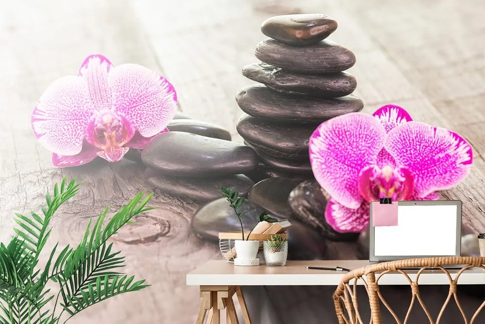 Carta da parati autoadesiva – Orchidea e pietre Zen su legno