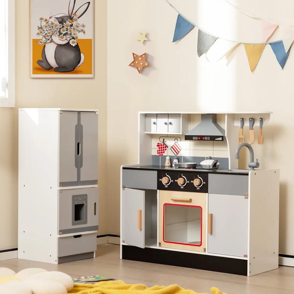 Costway Cucina giocattolo in legno con frigorifero e fornelli, Set da cucina per bambini 3 anni+ con forno e 3 scomparti