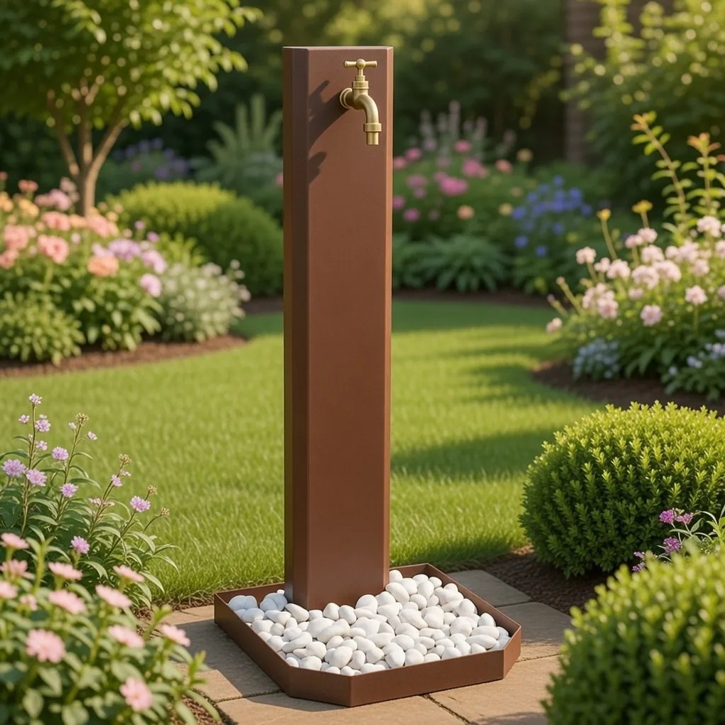 Fontana da Giardino Design a Colonna Ovale Rubinetto in Ottone e Base con Ciottoli Corten...