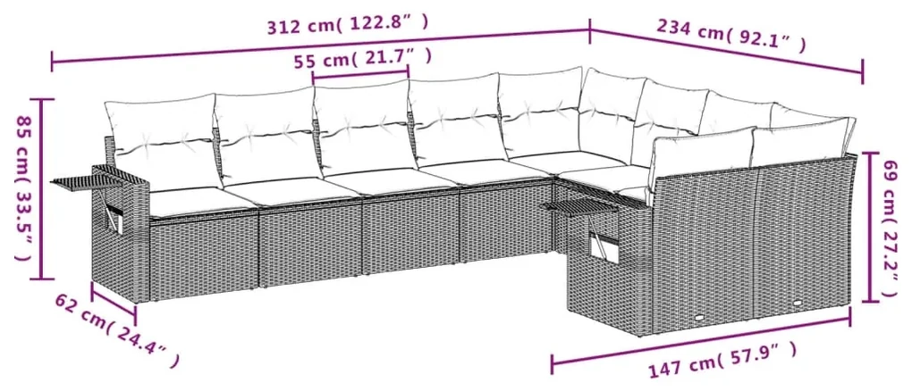 Set divani da giardino 9 pz con cuscini nero in polyrattan