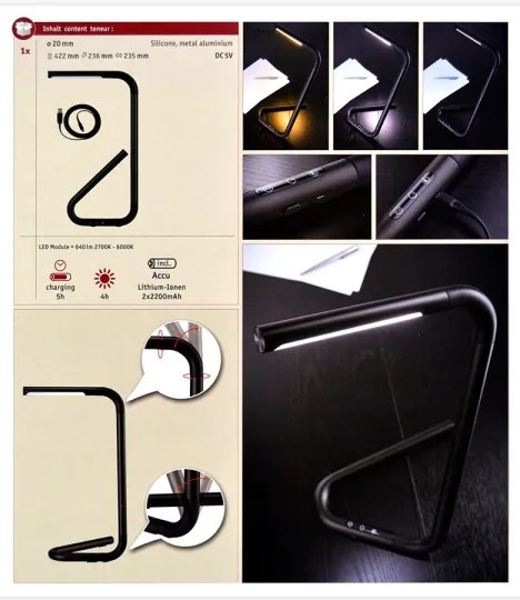 Paulmann 95424- LED/4,5W Lampada da tavolo touch dimmerabile FLEXLINK 5V/USB nera