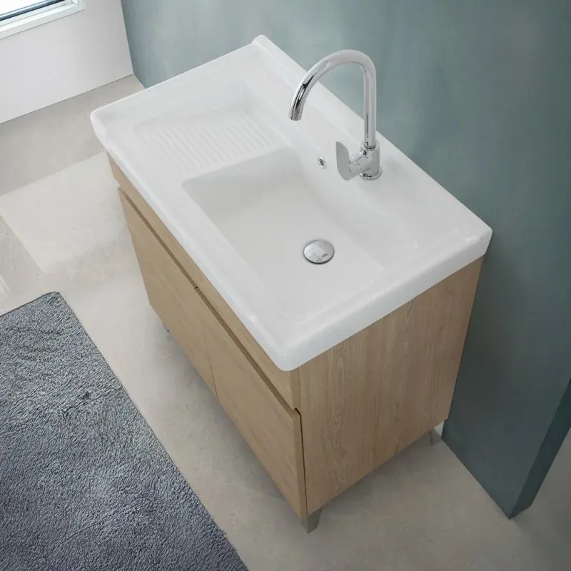 Mobile lavatoio 79x46,8 cm rovere dolomite con vasca in ceramica bianca