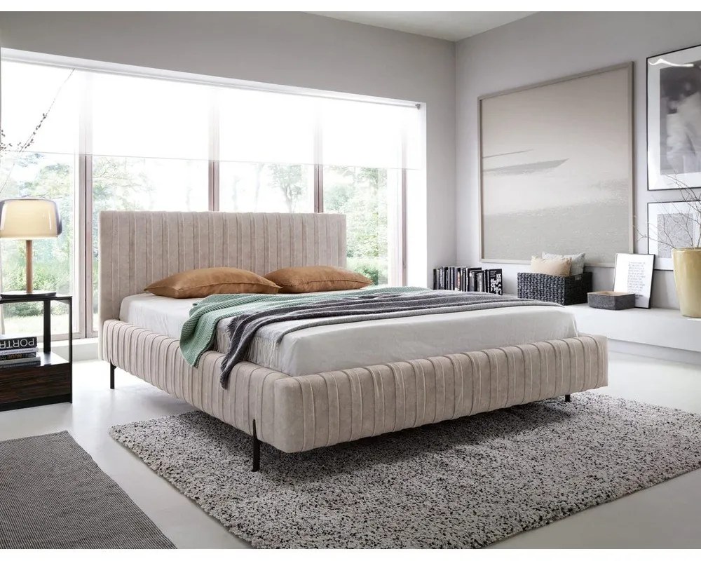 Letto matrimoniale imbottito beige con contenitore e rete inclusi 180x200 cm Plissa – ELTAP