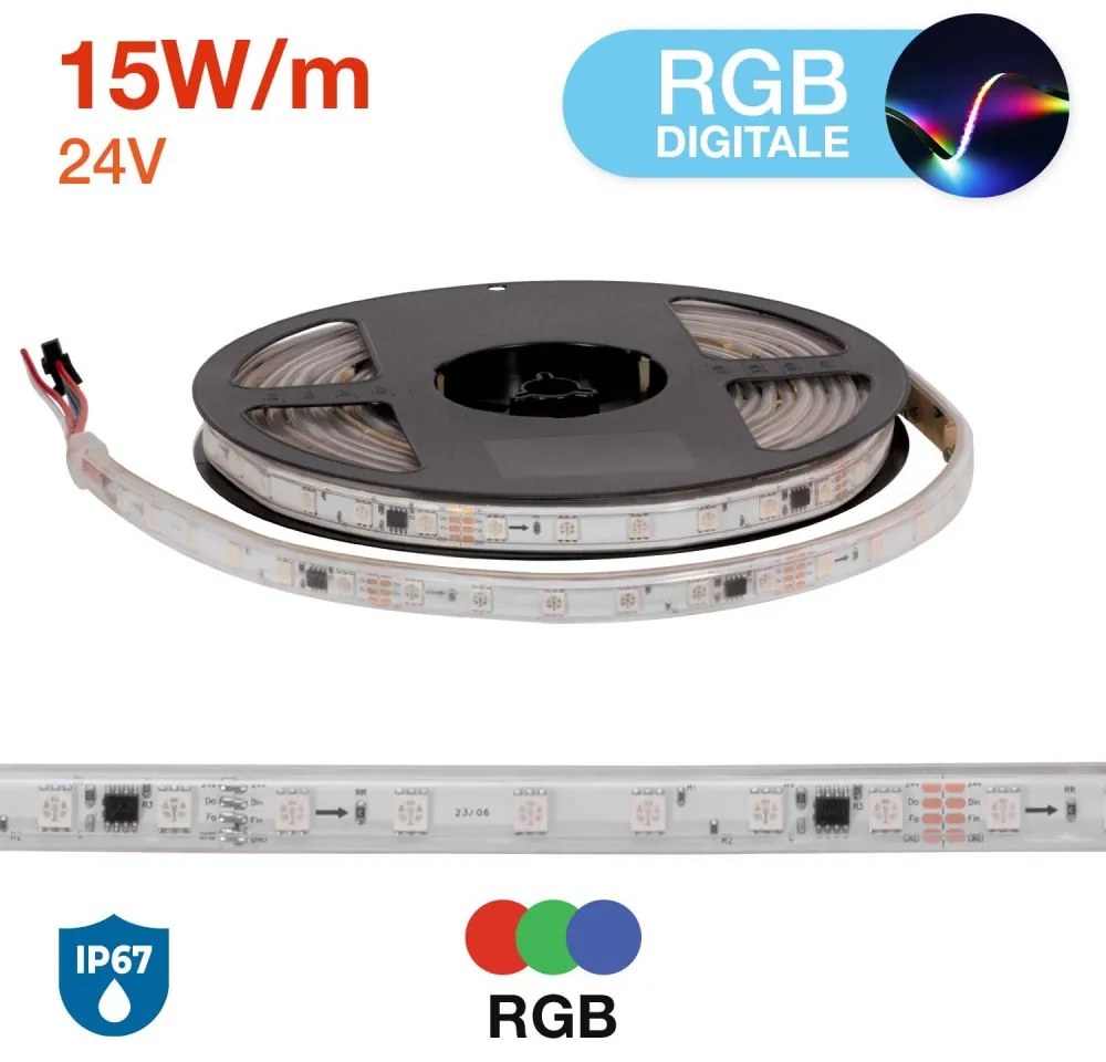 Striscia LED RGB DIGITALE RUNNING 15W/m, 24V, SM16703, IP67 Colore RGB