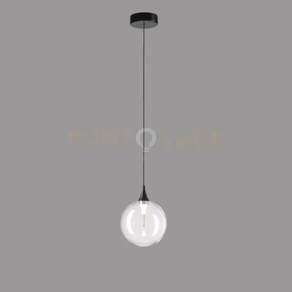 Lampada a sospensione bolla, metallo nero opaco + paralume in vetro...