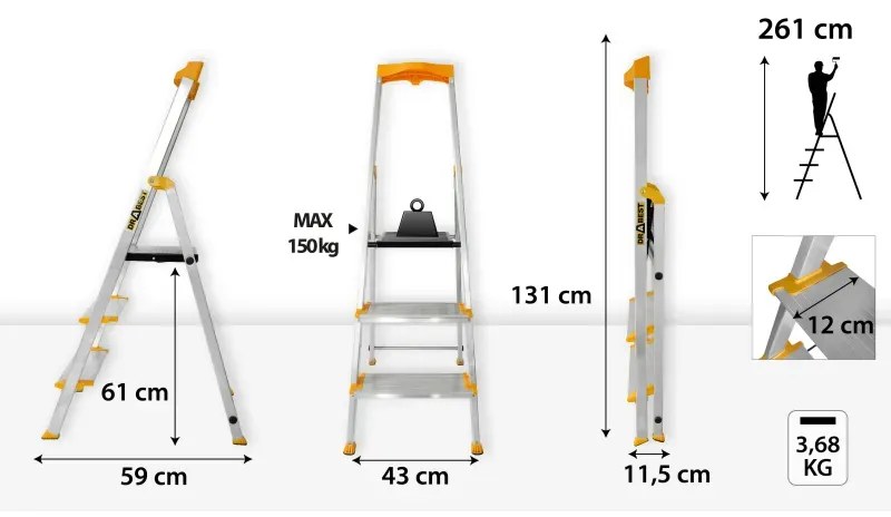 Scala in alluminio a 3 gradini da 150 kg - gradini extra larghi