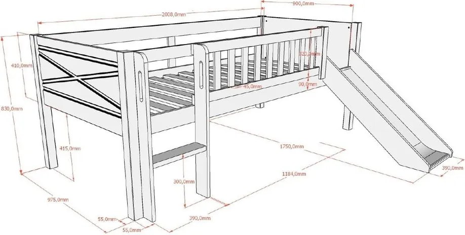 Letto da bambini rialzato bianco in pino massiccio con rete inclusa 90x200 cm Scott – Vipack