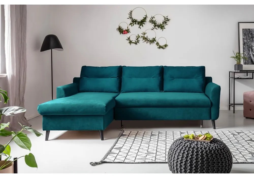Divano letto angolare in velluto turchese, angolo sinistro Stylish Stan - Miuform