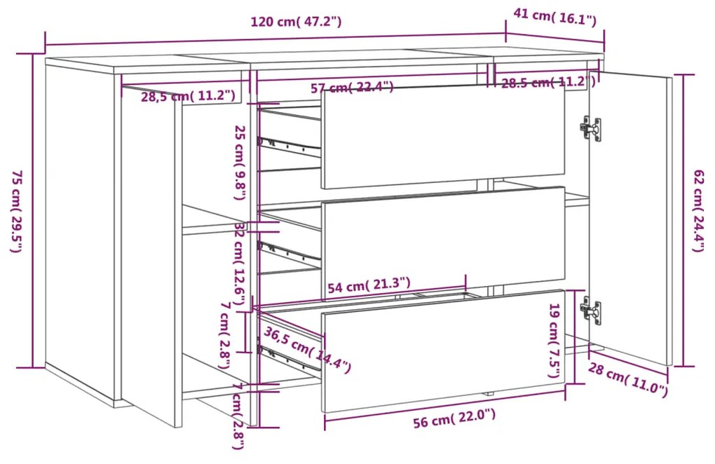 Credenza con 3 Cassetti Rovere Sonoma 120x41x75cm in Truciolato