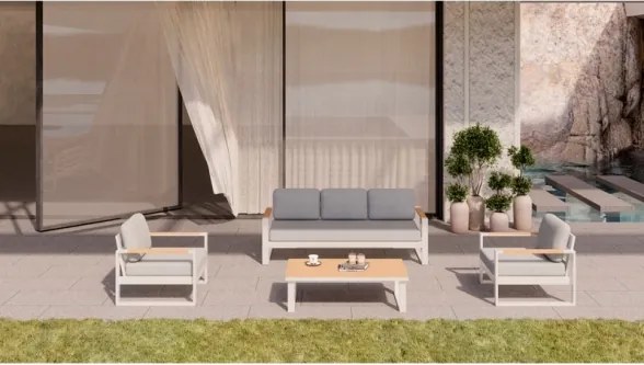 Salotto Da Esterno 5 Posti In Alluminio Con Tavolino E Cuscini Boston Bianco