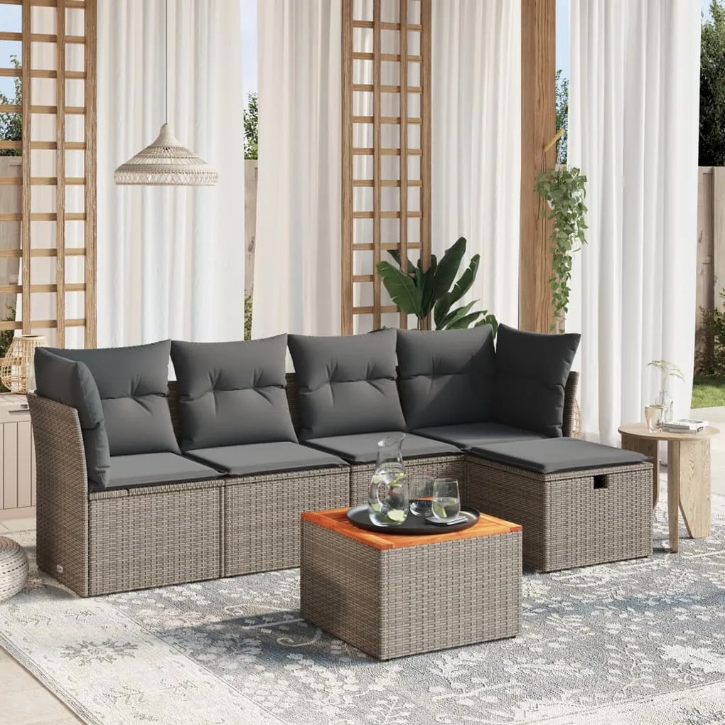 Set Divano da Giardino 6 pz con Cuscini Grigio in Polyrattan