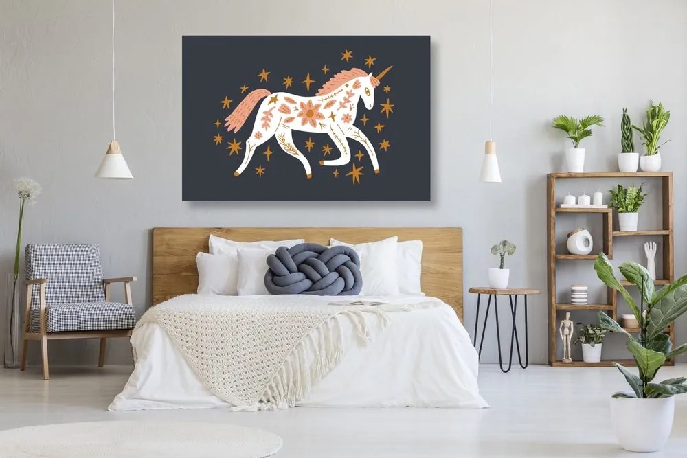 Stampa su tela – Unicorno fiabesco in stile folk