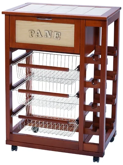 Carrello da cucina portapane e portabottiglie in legno con ruote CILIEGIO