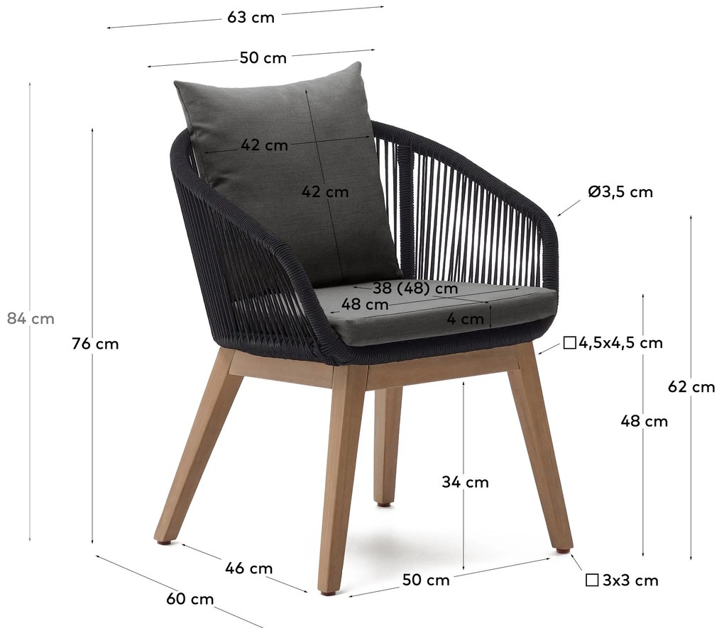 Kave Home - Sedia Portalo in corda nera e gambe in legno massello di acacia