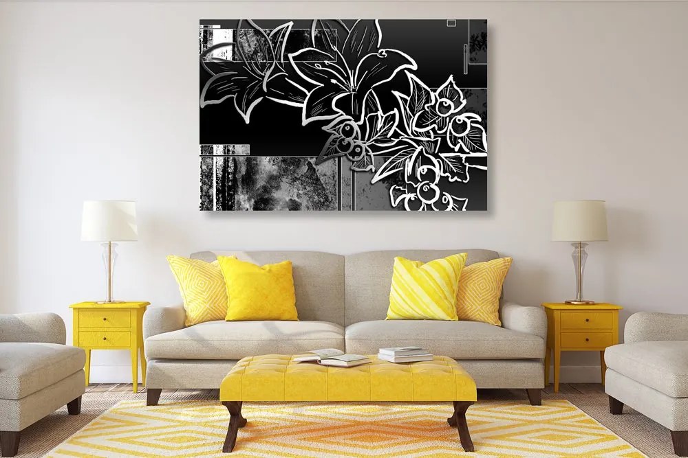 Quadro su tela – Illustrazione floreale in bianco e nero