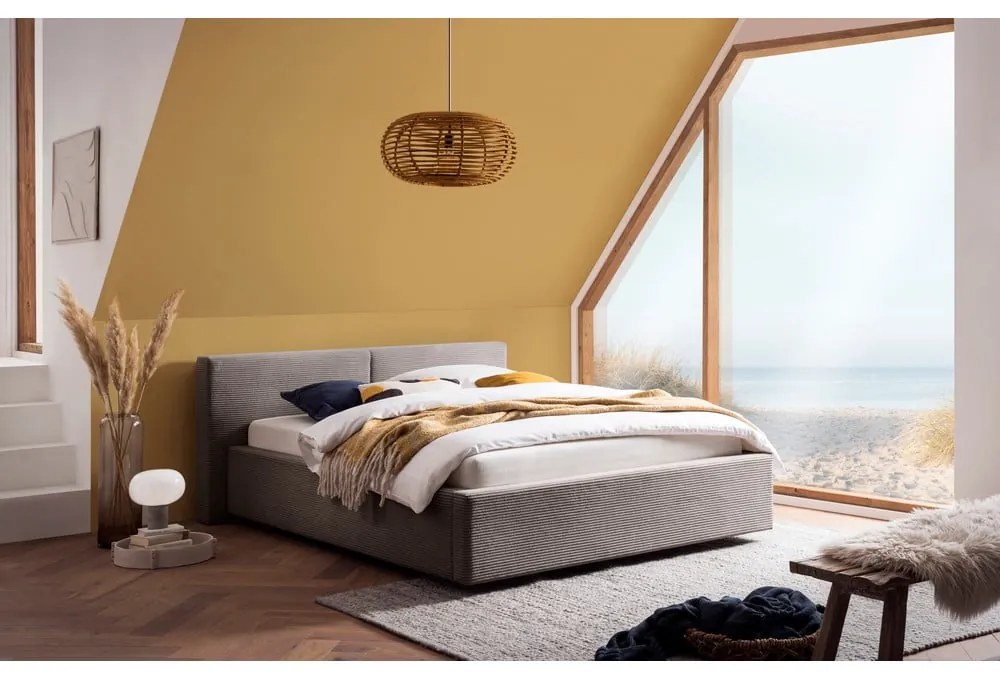 Letto matrimoniale imbottito marrone chiaro con contenitore con rete inclusa 140x200 cm Cube – Meise Möbel