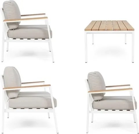 Salotto Da Esterno In Alluminio Bianco Inserti Legno Con Cuscini E Tavolino Belmar Bizzotto