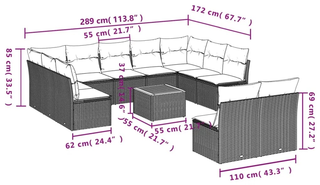 Set divani da giardino 12 pz con cuscini nero in polyrattan