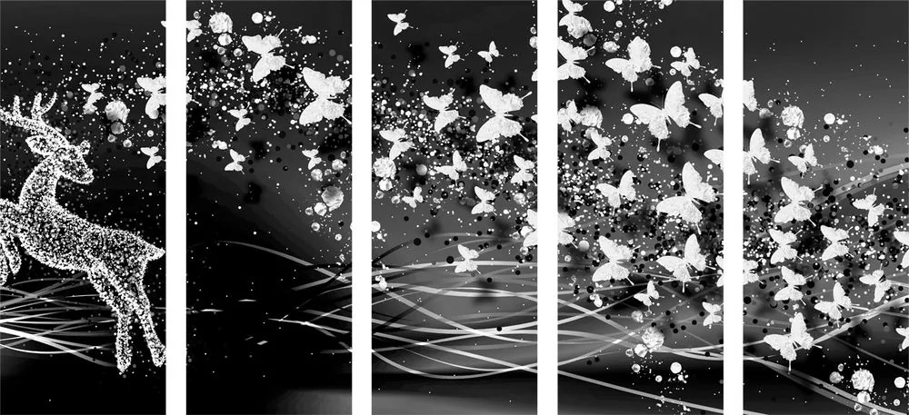 Quadri 5 pezzi – Splendido cervo con farfalle in bianco e nero