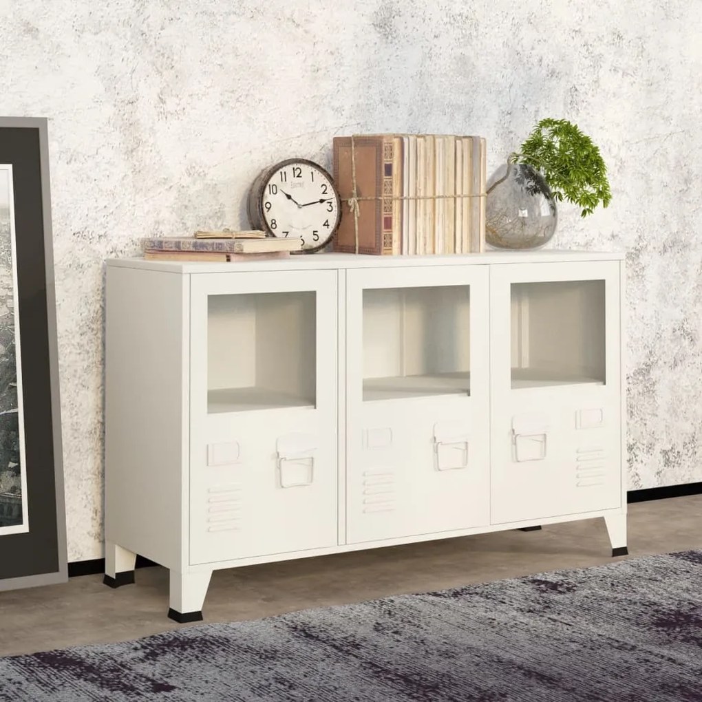 Credenza bianca industriale 105x35x62 cm in metallo e vetro