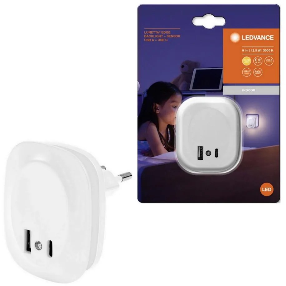 Ledvance- Lampada notturna LED con sensore e spina integrata e USB LUNETTA LED/12,5W/230V