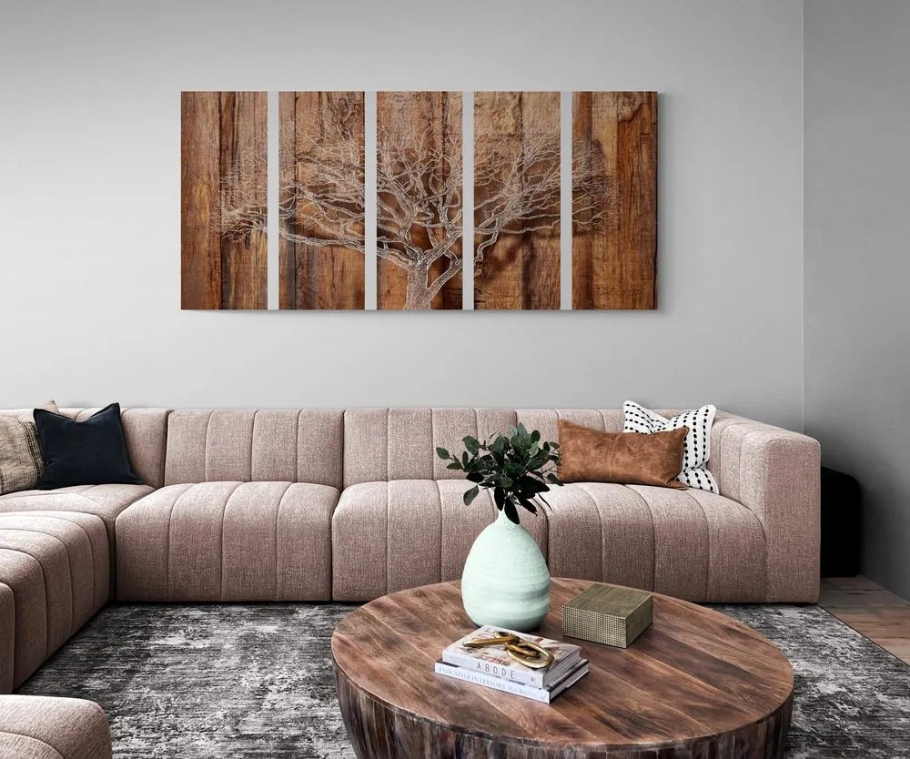 Quadri 5 pezzi – Albero su sfondo di legno