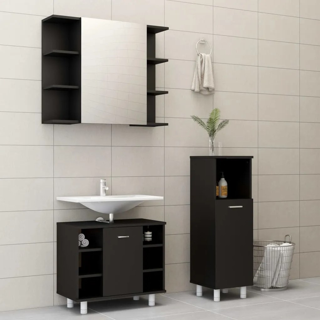 Set mobili da bagno 3 pz nero in truciolato