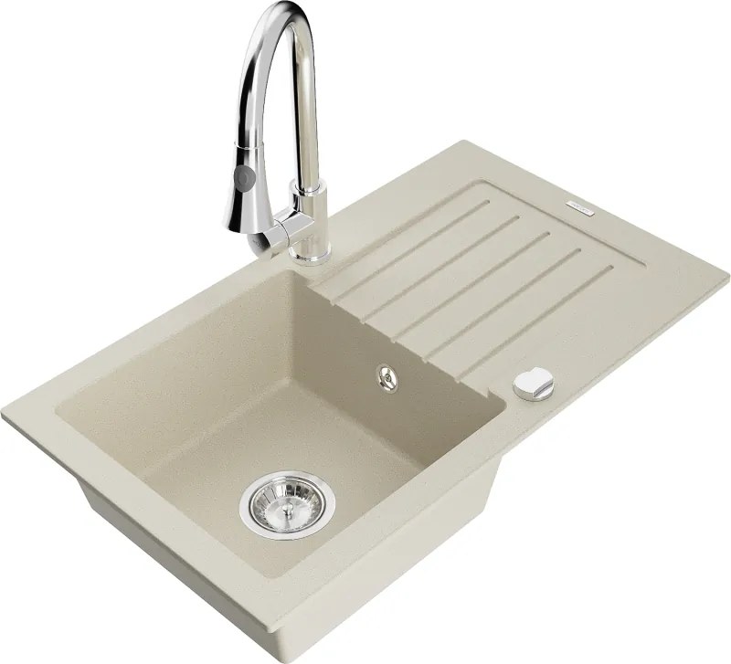 Mexen Pablo lavello in granito a 1 vasca con gocciolatoio e rubinetto da cucina Elia, beige - 6510-69-670101-00
