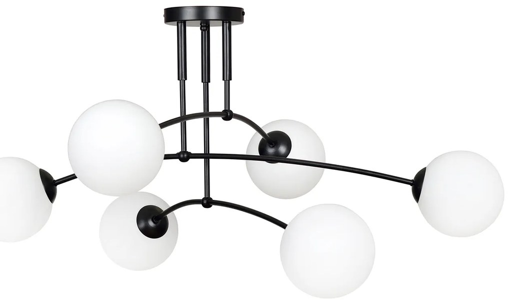 Plafoniera Moderna 6 Luci Susanoo In Acciaio Nero E Vetri A Sfera In Bianco