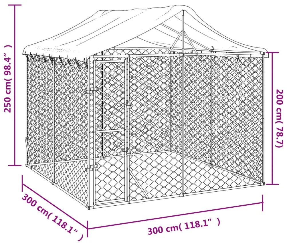 Cuccia cani da esterno tetto argento 3x3x2,5 m acciaio zincato