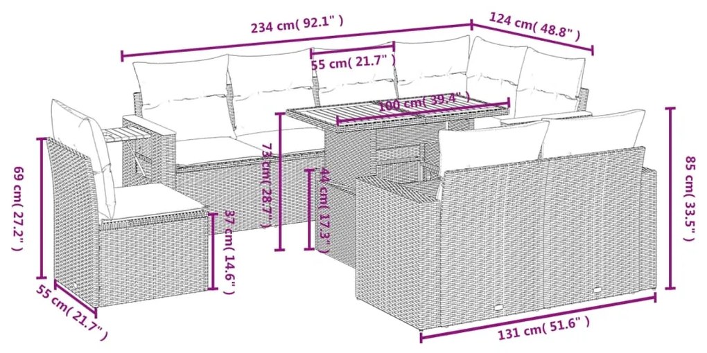 Set Divani da Giardino 9 pz con Cuscini Nero in Polyrattan