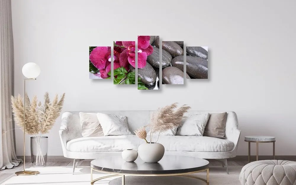 Quadri 5 pezzi – Orchidea fiorita e pietre wellness