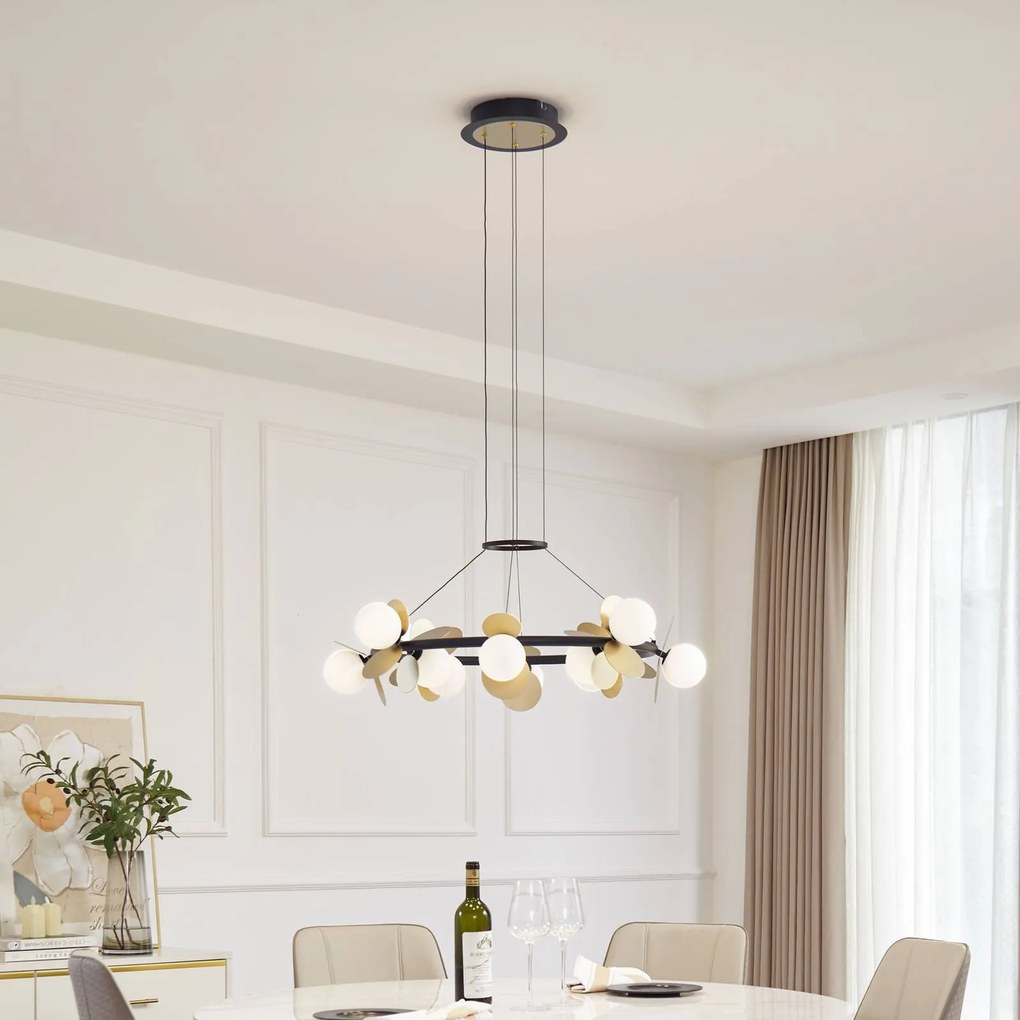 Lucande Lampada a sospensione Pallo, 12 luci, nero/oro, vetro Pallo Lucande, dimmerabile, Nero, Soggiorno / Sala da pranzo, Metallo, Moderno