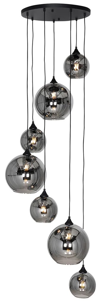 Lampadario Art Déco nero con vetro fumé rotondo 7 luci - Sandra