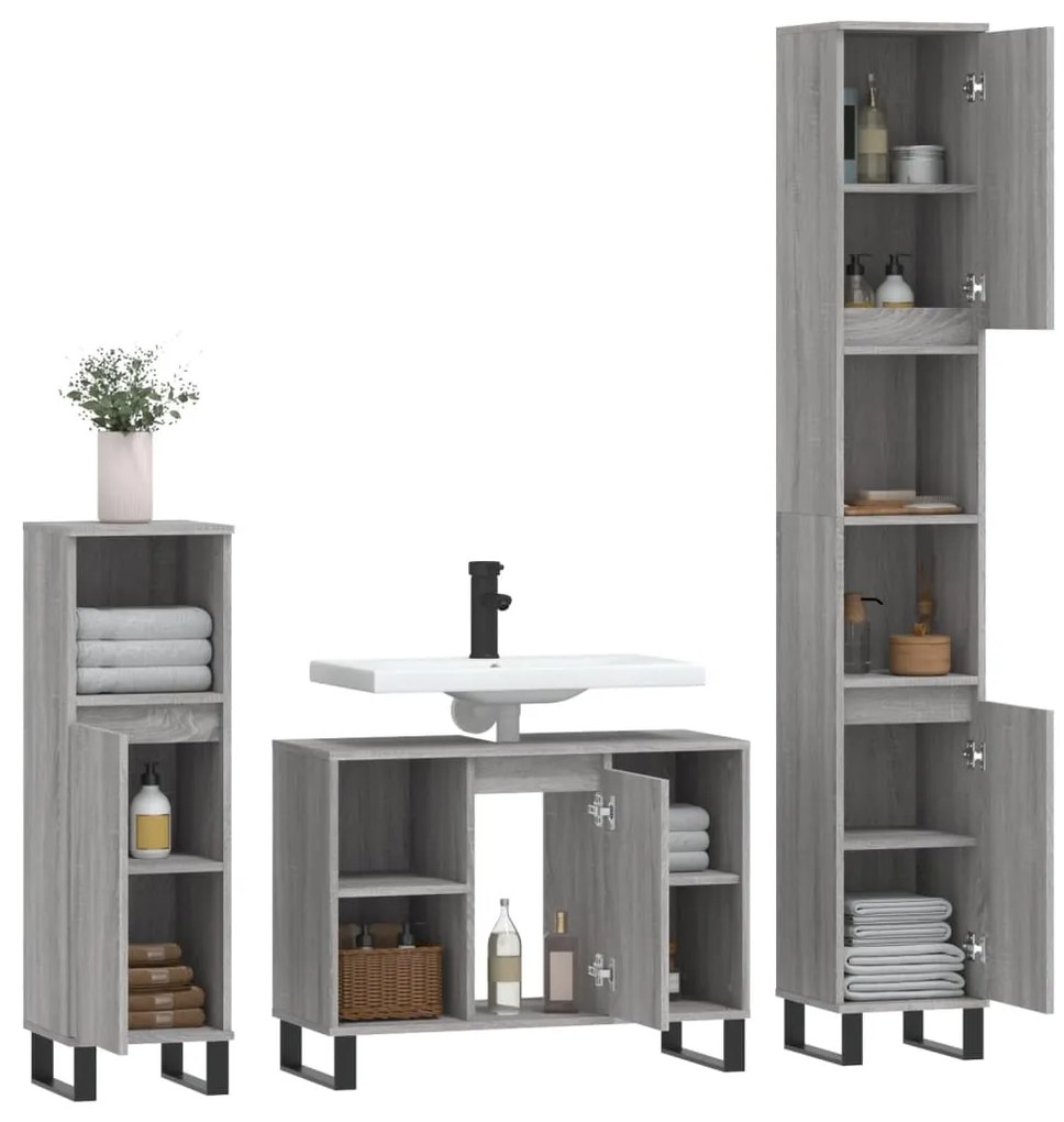 Set mobili da bagno 3 pz grigio sonoma in legno multistrato