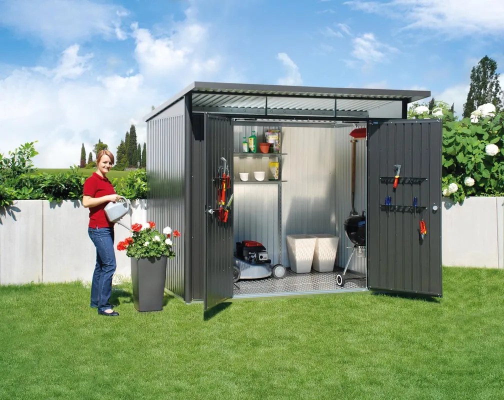 Casetta da giardino BIOHORT Avantgarde A4 in acciaio antracite con porta doppio battente, superficie interna 5.7 m² e spessore parete 0.5 mm